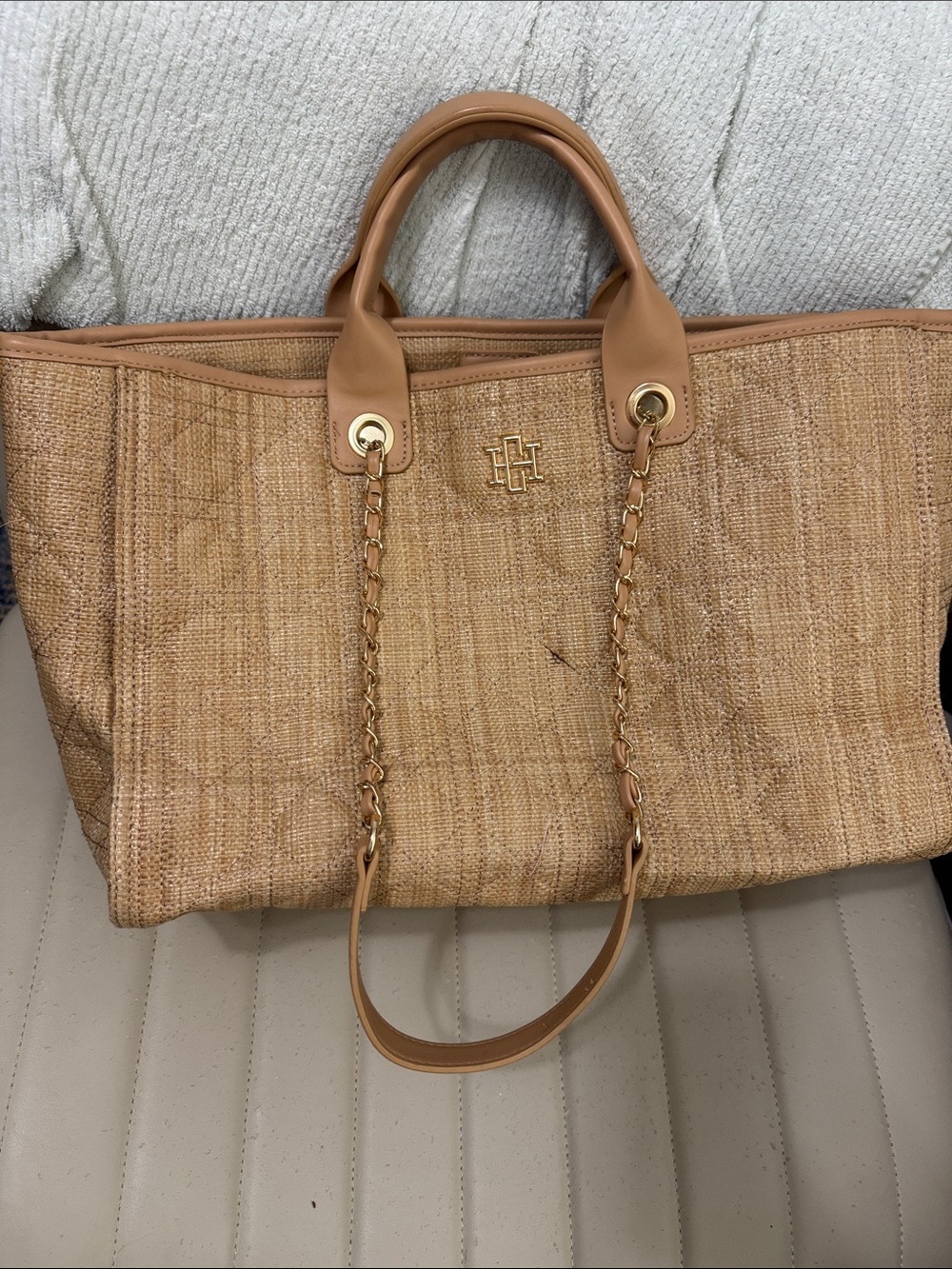 Caroline Hill Tan Woven Tote with Chain-Trim Handles